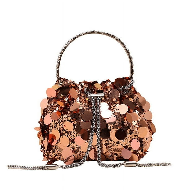 Bolso de alta gama, bolso de mujer, bolso de noche con lentejuelas y cinta de metal, bolso de mano con boca de cubo itálica portátil, sobre rojo