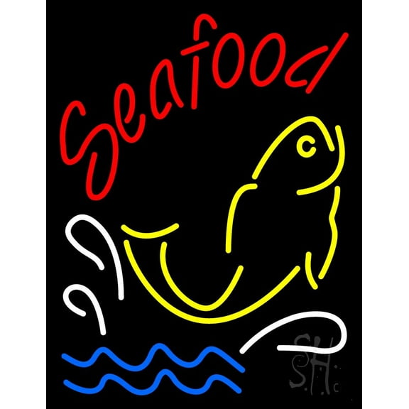 Red Seafood With Yellow Fish Logo LED Neon Sign 24 x 31 - inches, Black Square Cut Acrylic Backing, with Dimmer - Bright and Premium built LED Neon Sign for restaurant window and interior decor.