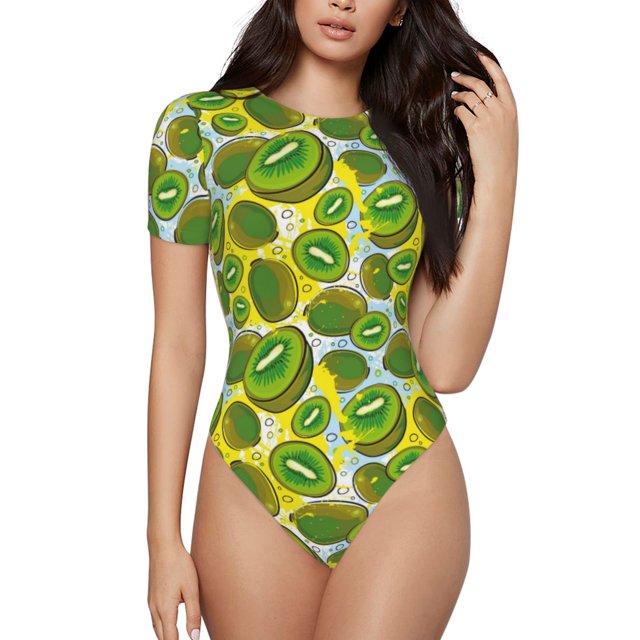 Fotbe Watercolor Kiwi Fruits Summer Body de Mujer con Cuello Redondo y Mangas Cortas, Sin Mangas Ajustado, Suave, Cómodo y Básico-X-Large