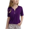 thumbnail image 3 of Feancey Kids Henley Shirts Girls Short Sleeve Summer Tops Button V Neck Casual T-Shirts Toddler Boys Solid Color Loose Tunic Tees Purple 9 Years, 3 of 6