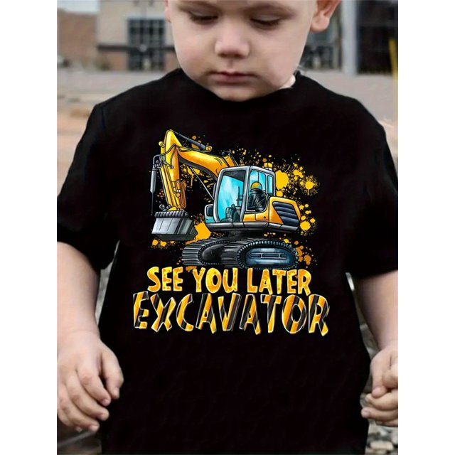 T-Shirt Graphique Excavateur Dessin Animé - Design "See You Later Excavateur", Manches Courtes, Col Rond, Haut Printemps/été Décontracté pour Enfants, Tenue Décontractée / Design Ludique / Ajustement Confortable, T-Shirt Excavateur