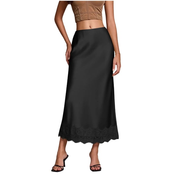HBGVBA Women's Lace Satin Maxi Skirts,Solid Color Satin A Line Skirt High Waist Lace Elegant Style Daily Wear Bottom