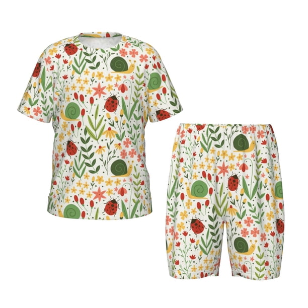 Fotbe Ladybug And Wild Flowers Pijama Estampada de 2 Piezas para Niños – Ropa de Dormir de Manga Corta Cómoda para Niños y Niñas, Camiseta y Shorts de Algodón-Medium