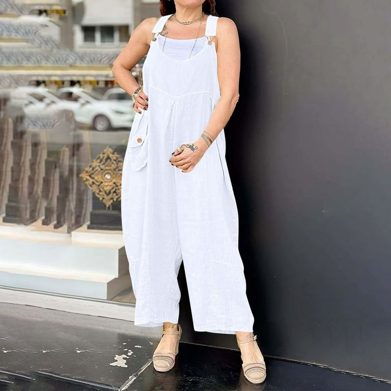 Feancey Boho Wide Leg Jumpsuits for Women Sleeveless Linen Bib