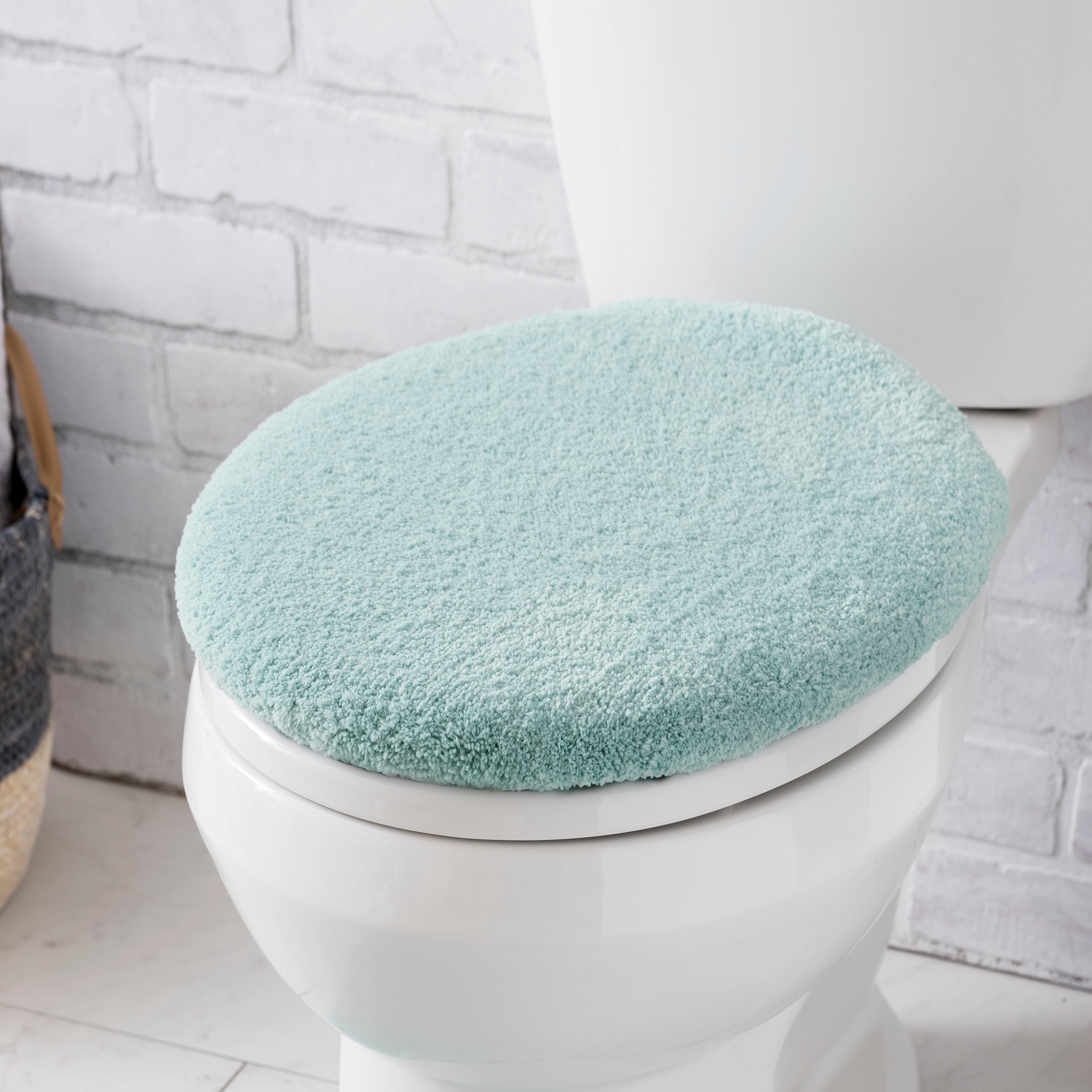 Denim Blue Toilet Lid Cover Round Bowl Fun Soft Top Non Slip Washable Plush Bath 