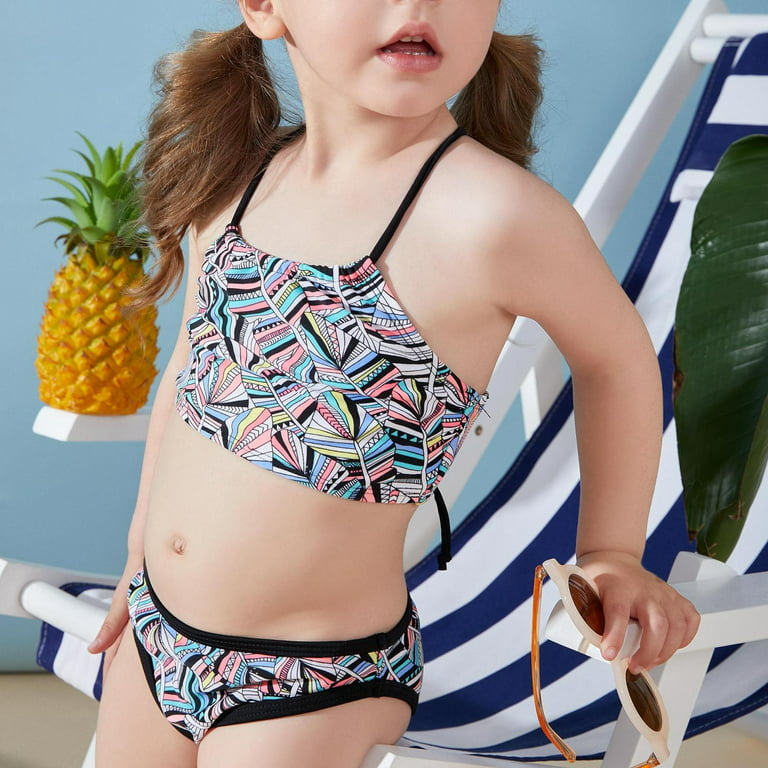Jikolililili Girls Swimsuit Two Piece Bikini Set Crop Top with Double  Ruffled Halter Bathing Suit 5-12 Years