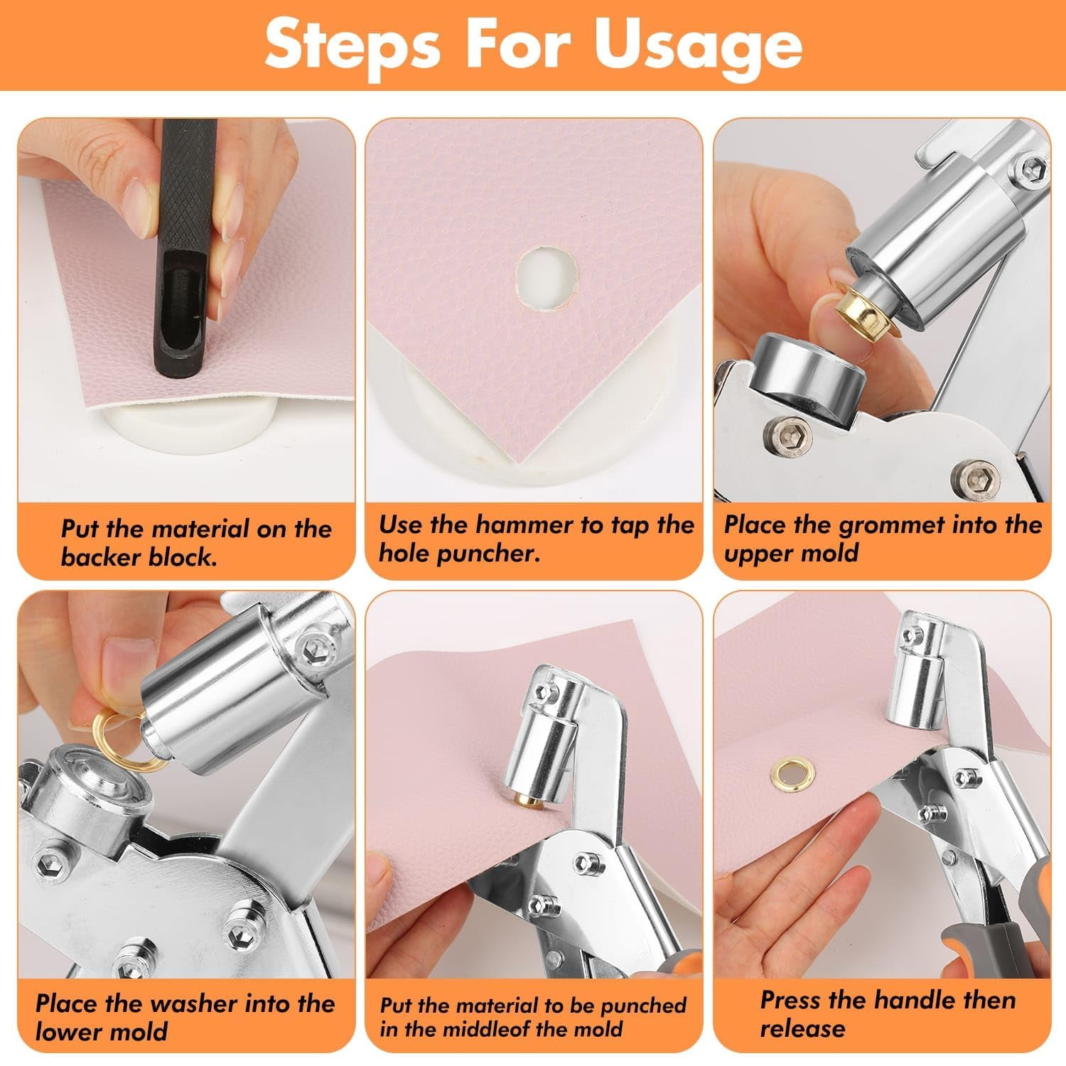Professional Grommets Kit, Heavy-Duty Grommet Puncher Tool,Eyelet Plier Set with 3/8 in 10mm Grommets, Handheld Metal Grommets Kit for Fabric Tarps Leather (Tool+100Grommets (50Gold, 50Silver))