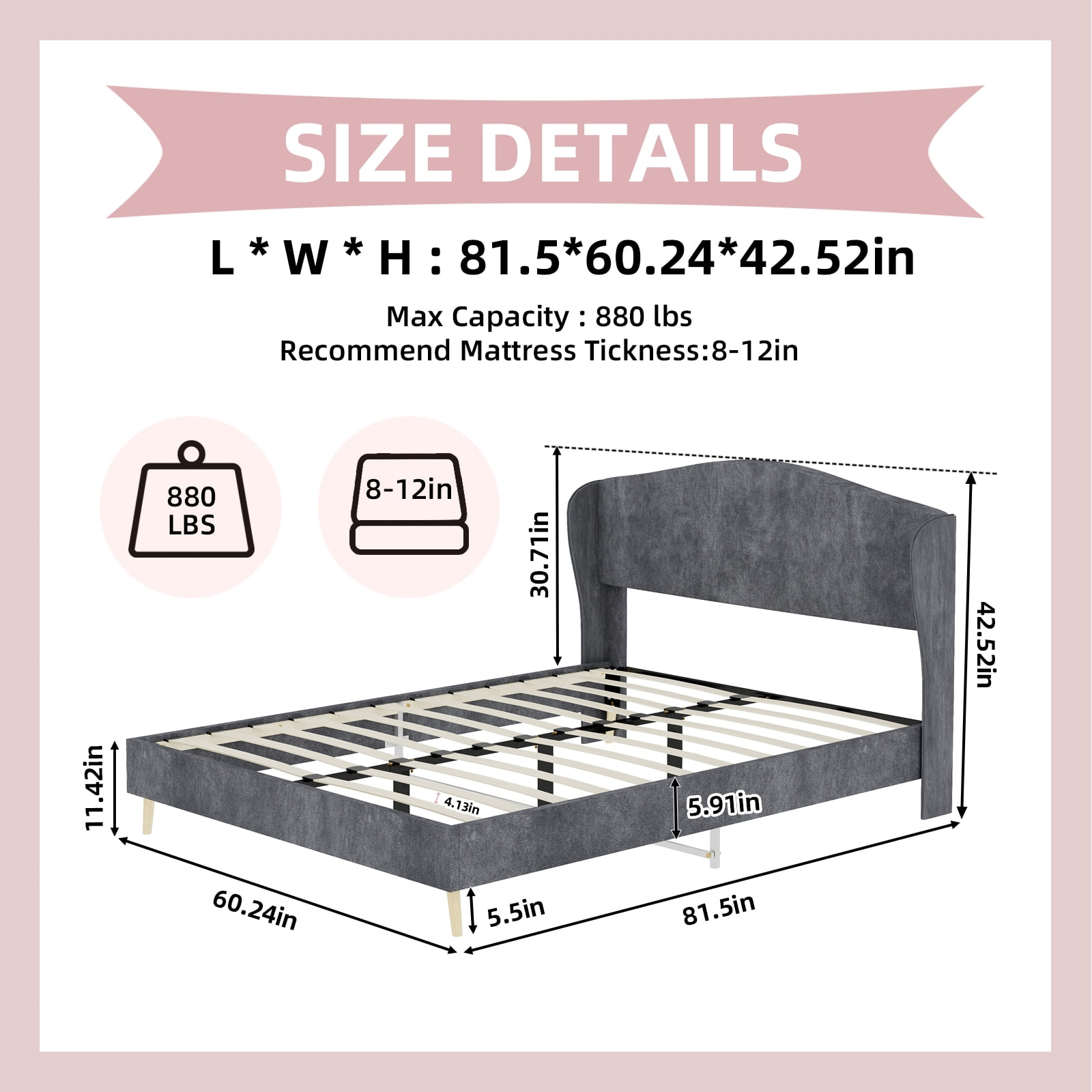 Alvantor Queen Size Upholstered Bed Frame with Padded Headboard, Holland Velvet Tufted Noise-Free & Durable Gray