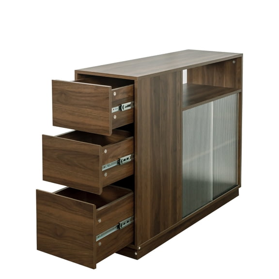 Kitchen Sideboard, Small  Countertop Organizer, Tabletop Cabinet with 2 Glass Sliding Door,3 Side Drawers & 1 small display shelves, Counter Cabinet for Kitchen, Living Room, Dinning Area