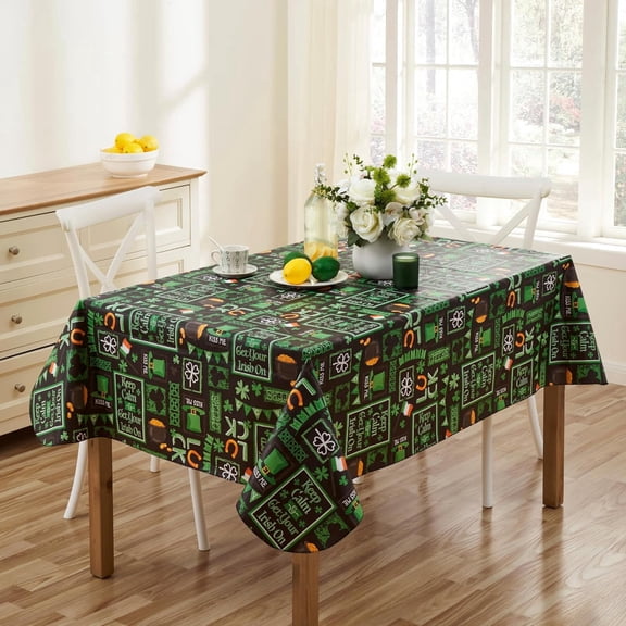Serafina Home St. Patrick's Day Irish Vinyl Flannel Backed Tablecloth Dining Dinner Kitchen Picnic Party Table Decor St. Pat's Lucky Shamrock Clovers Green PEVA Waterproof 52" x 70"