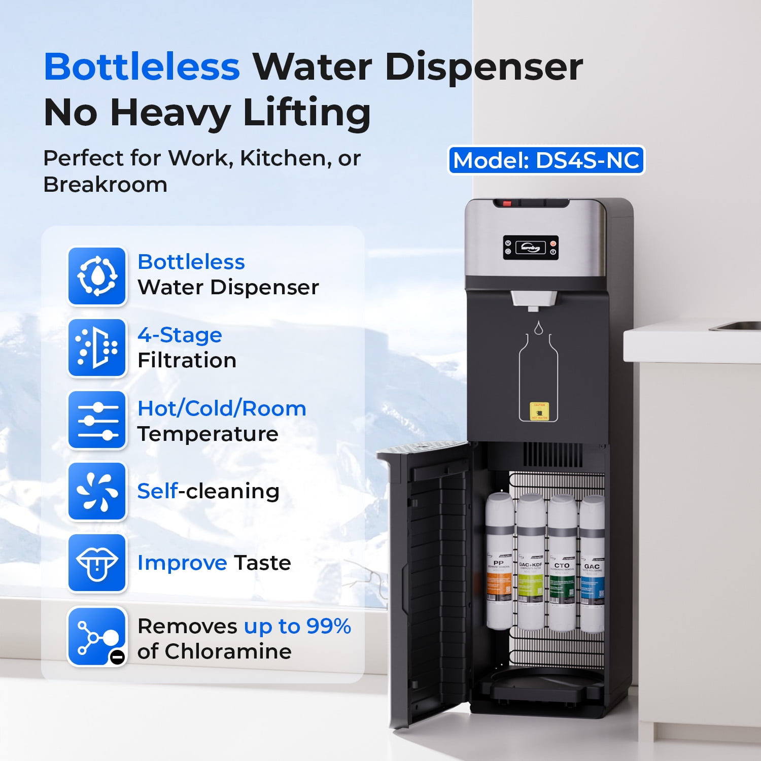 iSpring Bottleless Water Dispenser with Built-in 4-Stage Filtration, Chloramine Removal, Water Cooler Dispenser - Hot, Cold, Room Temp, Self Cleaning, Stainless Steel, Silver, Model: DS4S-NC