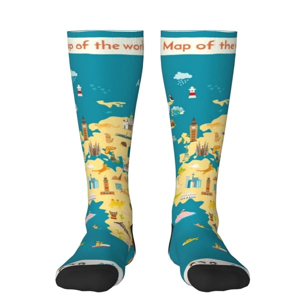 Fotbe World Map With Landmarks Calcetas Divertidas Estampadas para Hombre y Mujer, Calcetas de Algodón hasta la Rodilla para Caminar, Correr, Enfermería y Embarazo
