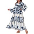 thumbnail image 4 of Agnes Orinda Women's Plus Size Bohe Dress Geometric Pattern Flowy Button Flared Bell Long Sleeve Tiered Casual Fall A Line Maxi Dress 1X Navy Blue, 4 of 6