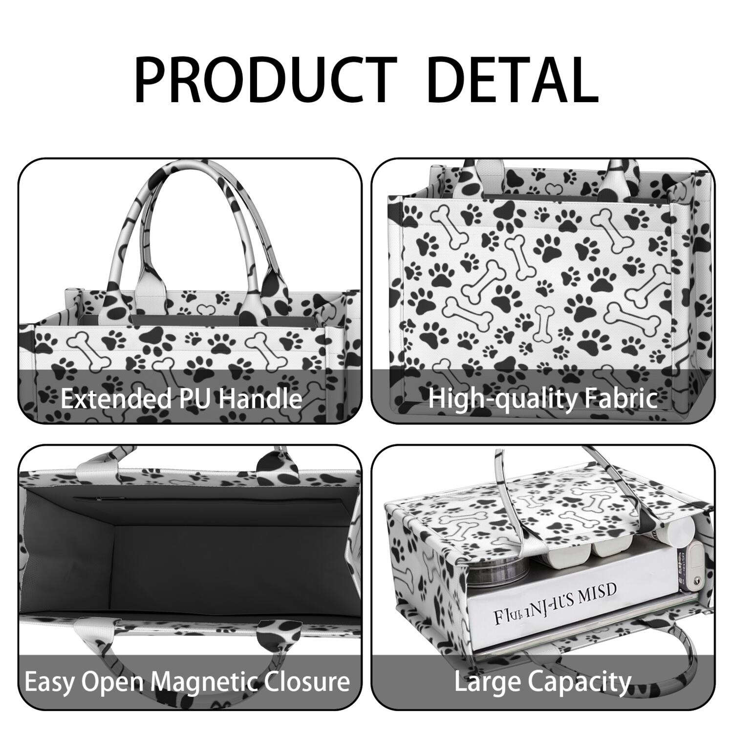 Large Capacity Tote Bag,Pet Paw Print and Bone Handbag Fashion Luxury Tote Bag,15.7"x13"x 5.1" Inches,Laptop Compatible