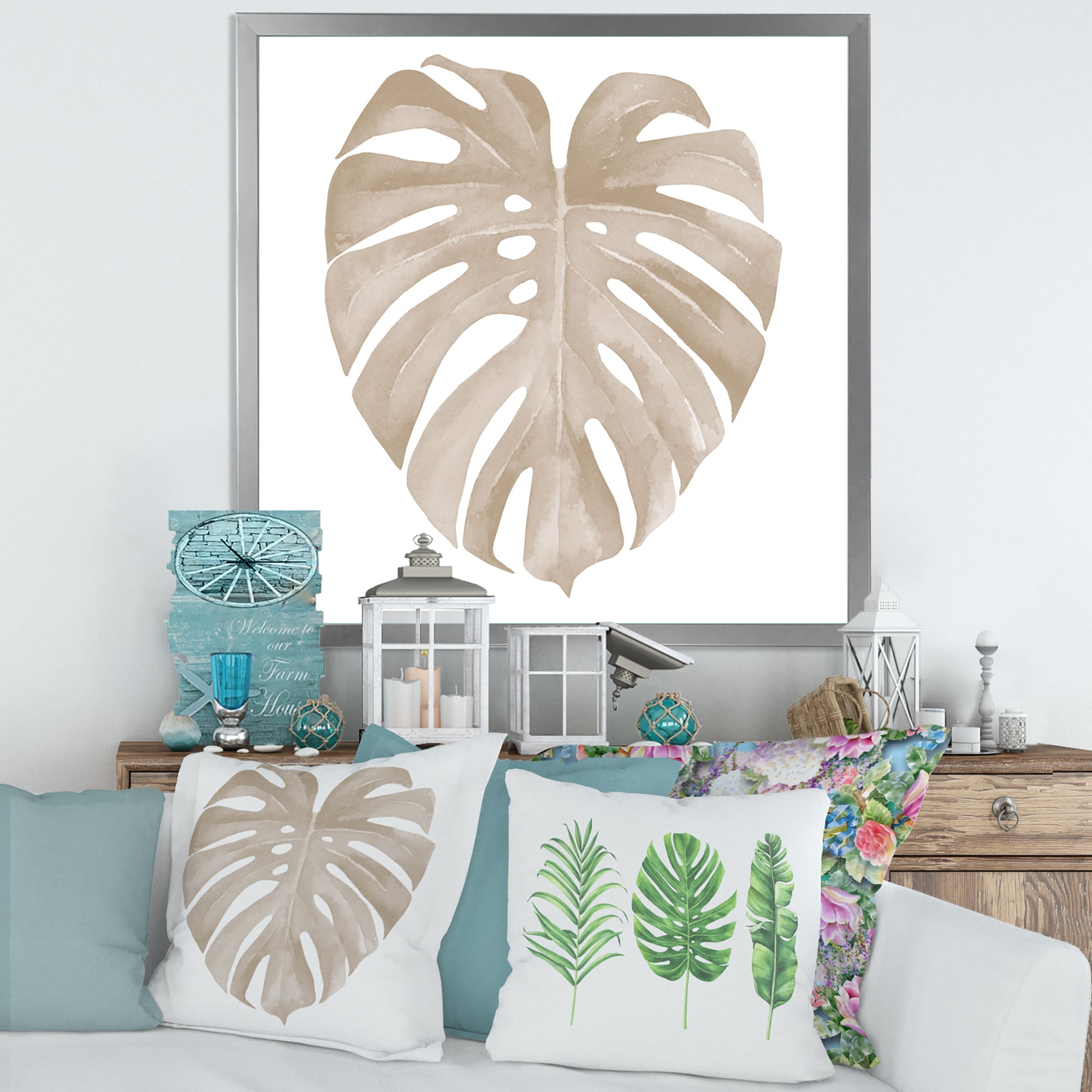Designart 'Beige Ivory Pastel Monstera Heart Shaped Tropical Leaf' Traditional Framed Art Print