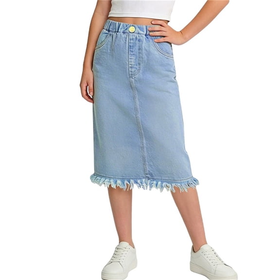 FRSASU Girl's Casual Mid Rise Button Down Frayed Raw Hem Denim Jean Midi Skirt Blue