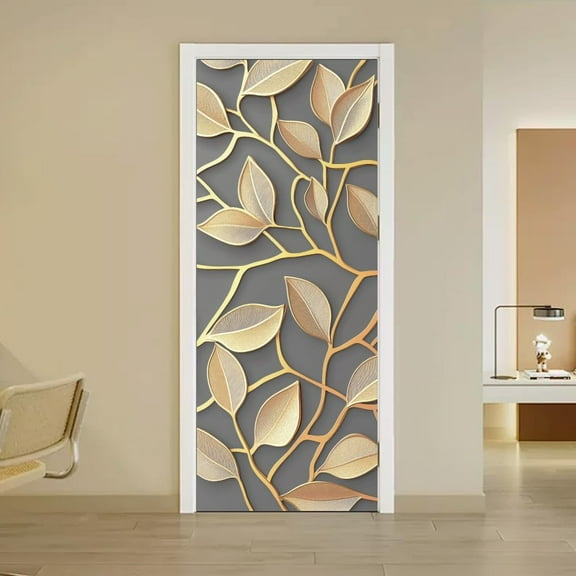 2 Sheets Golden Tree Branches Self-Adhesive Door Sticker 31.5x78.7inch Tree Branches Leaves Door Murals Stickers PVC Removable Wallpaper Decoration for Bedrooms ​Living Room