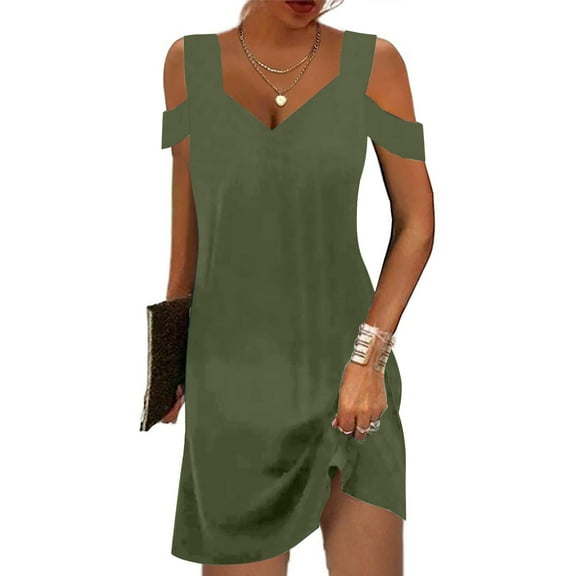 Fartey Summer Dresses for Women 2025 Cold Shoulder V Neck A-Line Dress Beach Vacation Boho Mini Sundress Fashion Solid Color Party Dress Army Green M