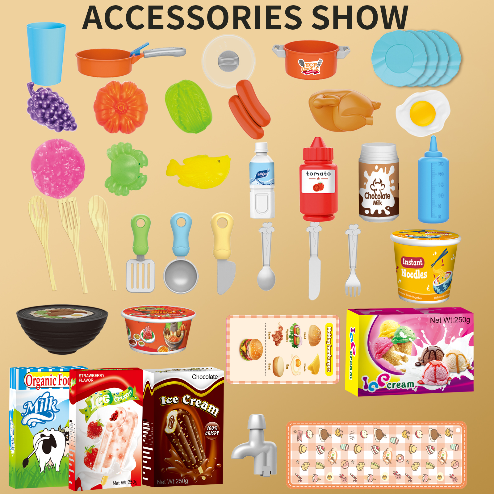 NETNEW 45 PCS Kitchen Playset Kids Kitchen Toys for Girls 3-6 Years with Realistic Lights and Sounds,Pretend Food Steam Play Food Accessories