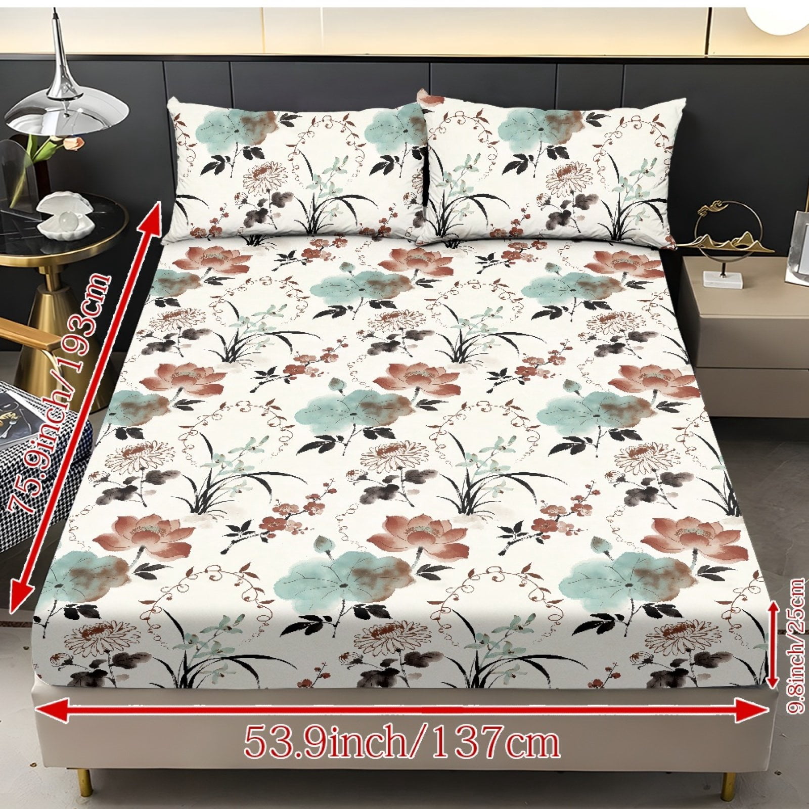 COEQINE Sheet Set Full Size Breathable Fitted Bottom Sheet Soft Stain-Resistant Long Lasting Bedding Set with Deep Pockets for Full Size Bed, Chinese Ink Lotus Floral