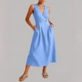 thumbnail image 4 of Robes d'Invitée de Mariage pour Femmes Élégantes en Lin Robe Maxi Sans Manches à Col en V à Double Boutonnage Fluide Décontractée Taille Haute Évasée Robe d'Été avec Poches Bleu TTG, 4 of 5