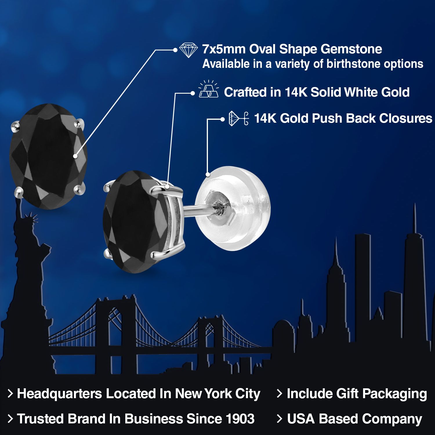 Gem Stone King 2.20 Ct Oval 7x5mm Black Sapphire 14K White Gold Stud Earrings for Women Men