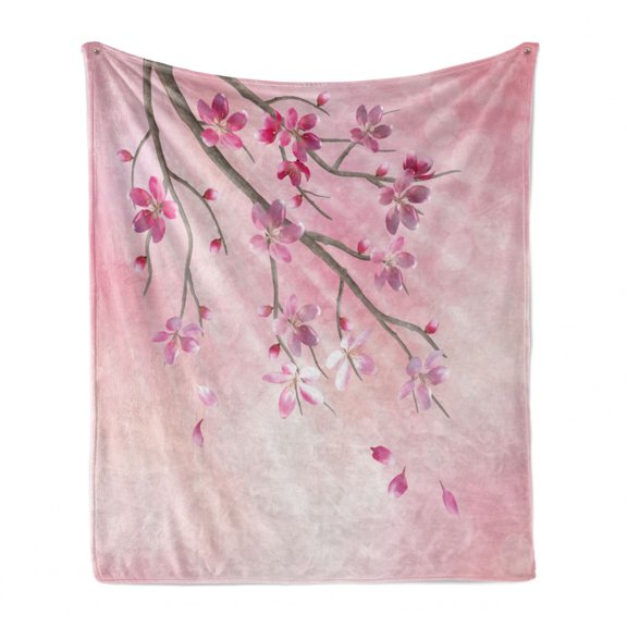 Nature Soft Flannel Fleece Blanket, Illustration of Spring Tree Branch with Blossoms Sun Beams on Blurred Background, Cozy Plush for Indoor and Outdoor Use, 50" x 60", Pink Fuchsia, by Ambesonne
