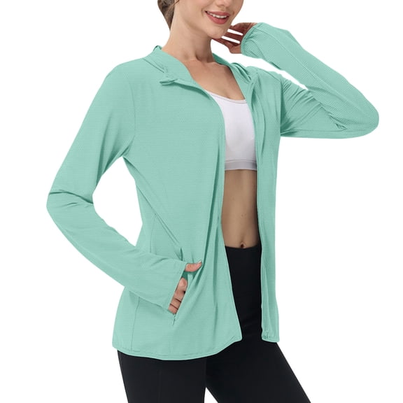 hoksml Women's Lightweight Hooded Jacket, Full Zip Long Sleeve Cover Up with Thumb Holes and Pockets, Casual Outdoor Top