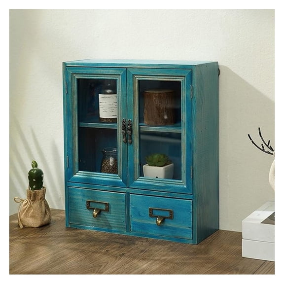 3 Tiers Wooden Storage Cabinet with 2 Drawers and Acrylic Doors,Display Cupboard with 2 Drawers,Countertop Cabinets,Blue