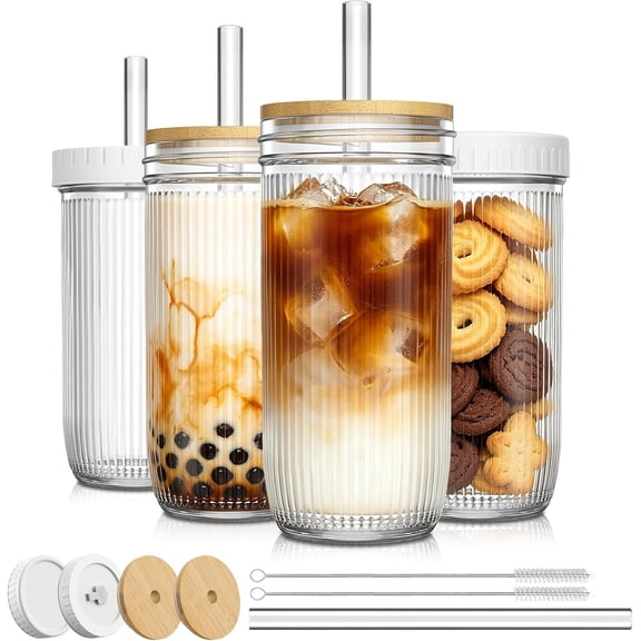 24oz Mason Jar Drinking & Storage- Ribbed Glass Tumbler with Straw and Lid. Wide Mouth Boba Cups for Ice Coffee, Smoothie, etc. Leakproof and Container For Travel To Go ?4 Pcs?