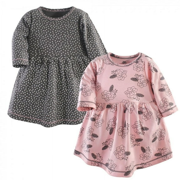 Yoga Sprout Baby and Toddler Girl Cotton Long-Sleeve Dresses 2pk, Feather Floral, 0-3 Months