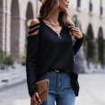 thumbnail image 2 of Mujer Manga Larga Top Cuello En V Cremallera Hombro Frío Color Puro Tipo Suelto Camiseta Casual Negro XXL, 2 of 8