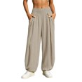 thumbnail image 4 of Women Solid Double Crinkle Elastic High Waist Jogger Pants, Side Pockets Loose Daily Casual Long Trousers Beige M(M), 4 of 9