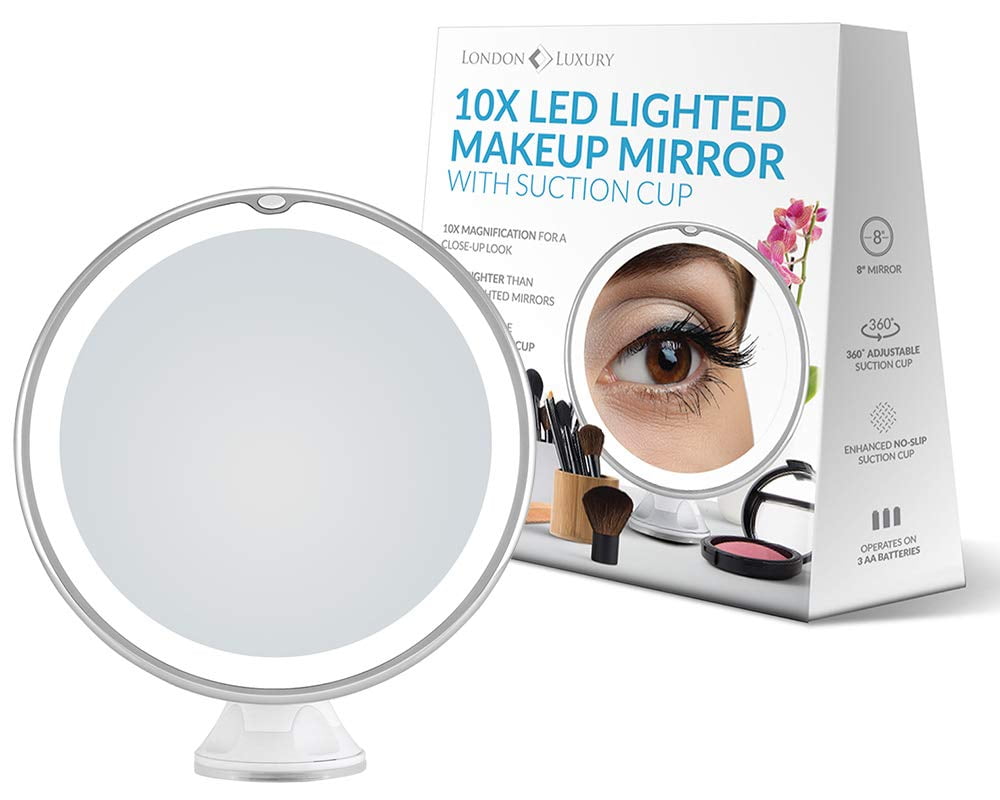 London Luxury 10X Lighted Makeup Mirror, 8" Wide w/Suction Cup, Swivel