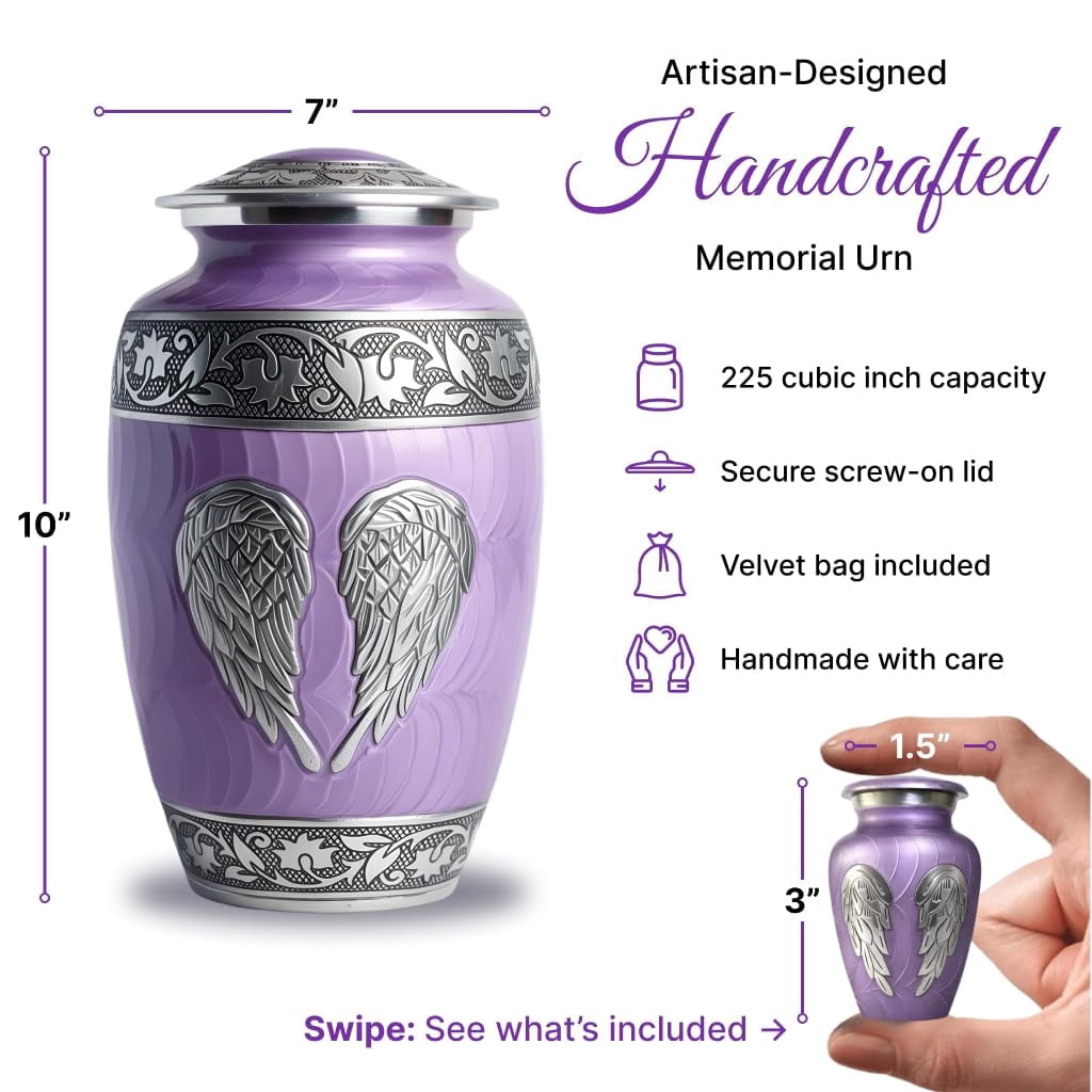 Set of 6 Cremation Urns for Human Ashes Includes 1 Large Urn with 4 Small Keepsakes & 1 Silver Necklace - Purple Angel Wings