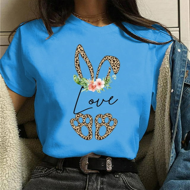 Hauts d'Été Grande Taille pour Femmes Col Rond Imprimé Jour de Pâques Décontracté Manches Courtes T-shirt Col en V Femmes en Solde