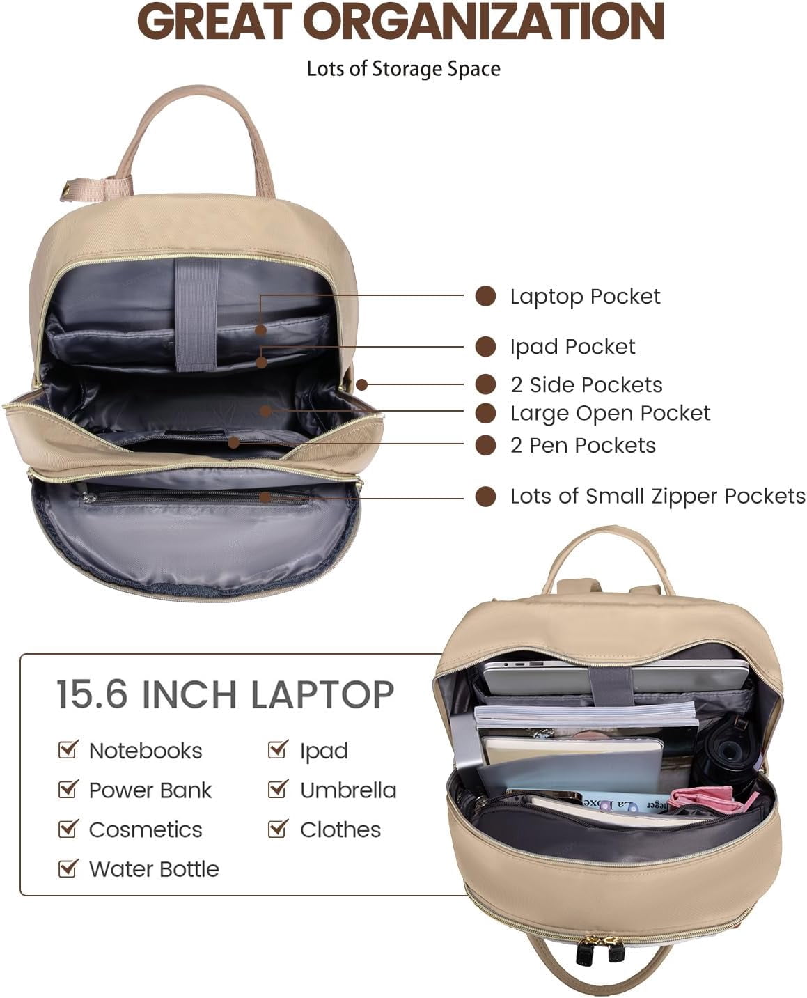 Lovevook Backpack Purses for Women, 15.6 Inch Laptop Backpack College Computer Bag, Multi-Functional Travel Work Bag Teacher Nurse Bag with USB Charging Port