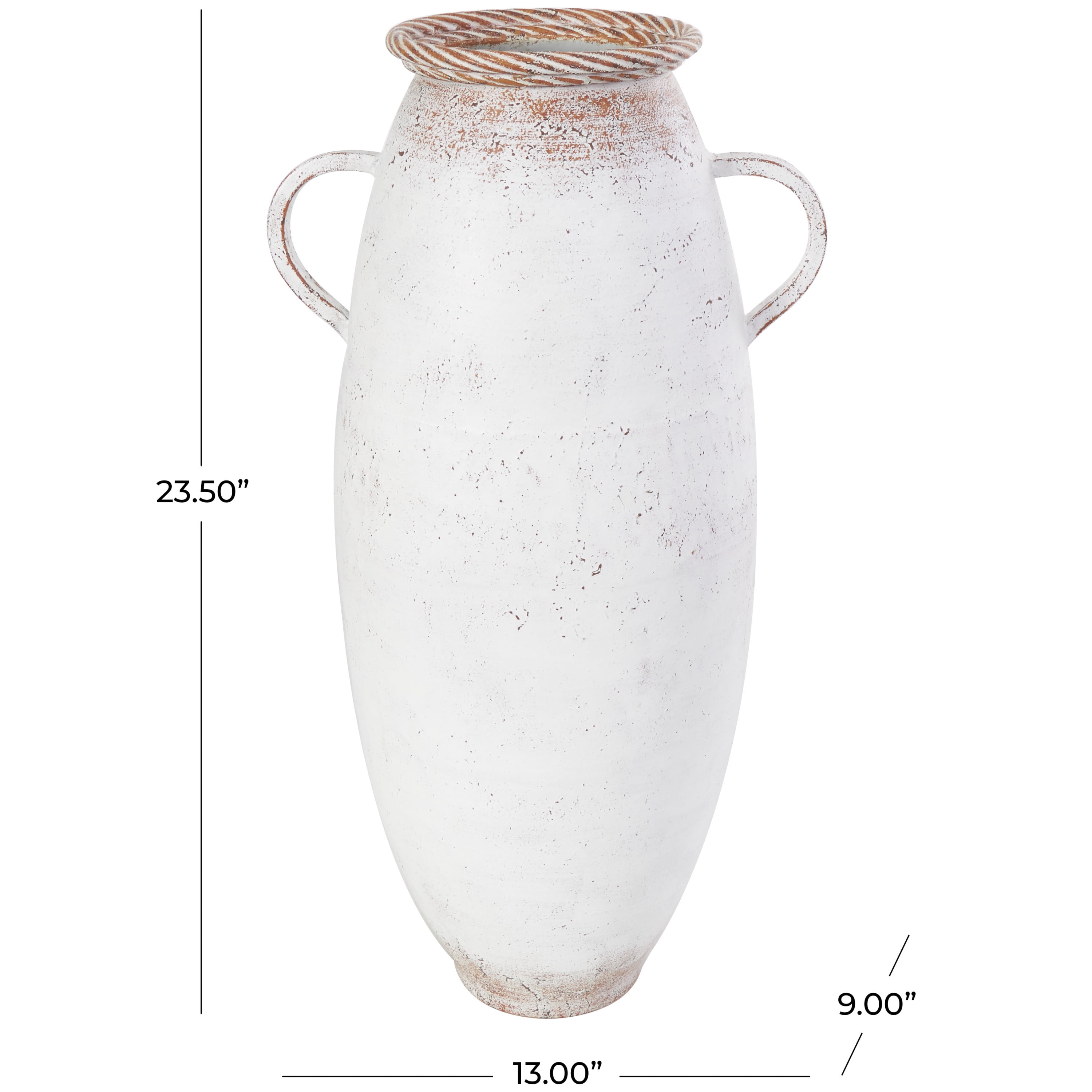 DecMode 24" White Metal Vase with Antique Distressing and Terracotta Accents