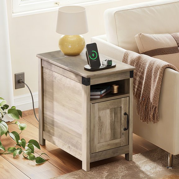 GALAXHERO Side Table with Charging Station Narrow End Table with Storage Night Stand with USB Ports and Outlets Small Wooden Cabinet for Living Room and Bedroom Greige