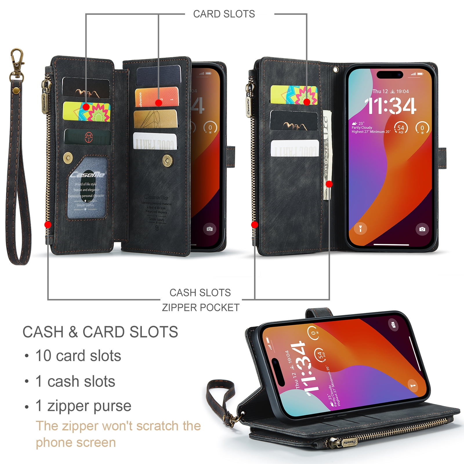 Dteck for iPhone 15 Pro Max Case with Card Holder, Premium iPhone 15 Pro Max Wallet Case for Women Men, Heavy Duty Durable PU Leather With Flip Zipper Pocket Phone Case w/ Wrist Strap Lanyard,Black
