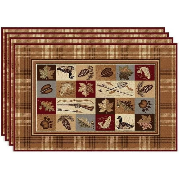 Lodge Placemats Set of 4 18" x 12", Rustic Oriental Bear Deer Fish Print Table Mats Heat-Resisting Non Slip Reversible Burlap Coffee Place Mats for Party Dining Table Kitchen Decor and Accessories