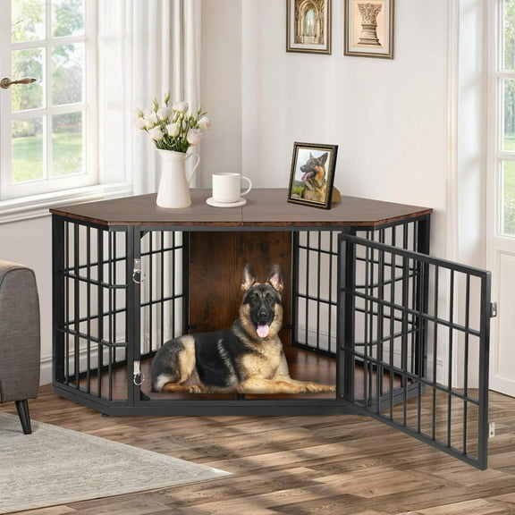VOWNER 52 Inch Dog Crate Furniture Corner, Wooden Dog Kennel Furniture, End Table Dog Crate for Large Dogs, Indoor Pet Crates Corner Side Table for Dogs, Wide Top Perfect for Limited Room, Brown