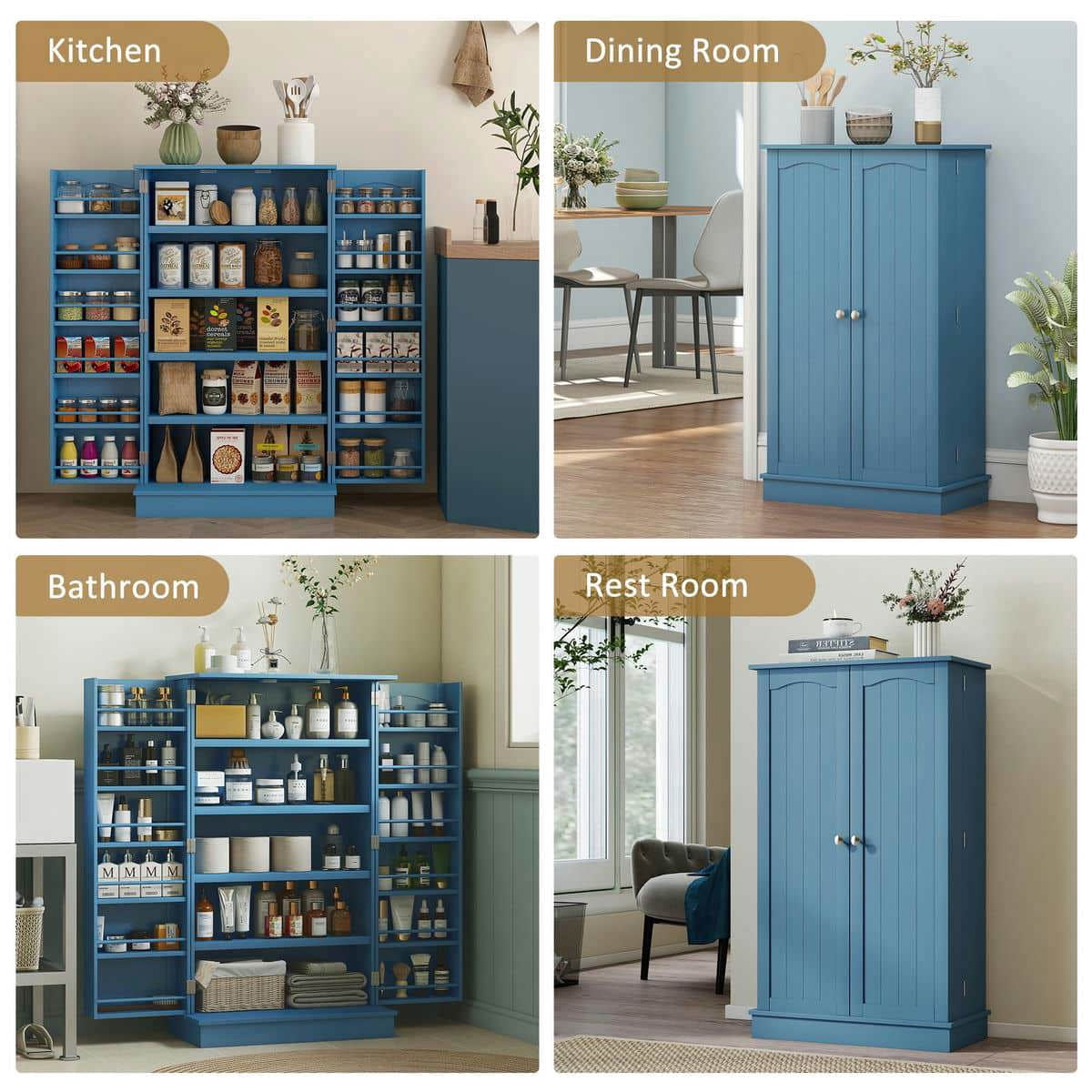 Spaco Freestanding Kitchen Pantry Cabinet with 5-Tier Shelving, Kitchen Cabinet with 12 Door Shelves and Double Doors for Indoor as Living Room, Kitchen, Blue