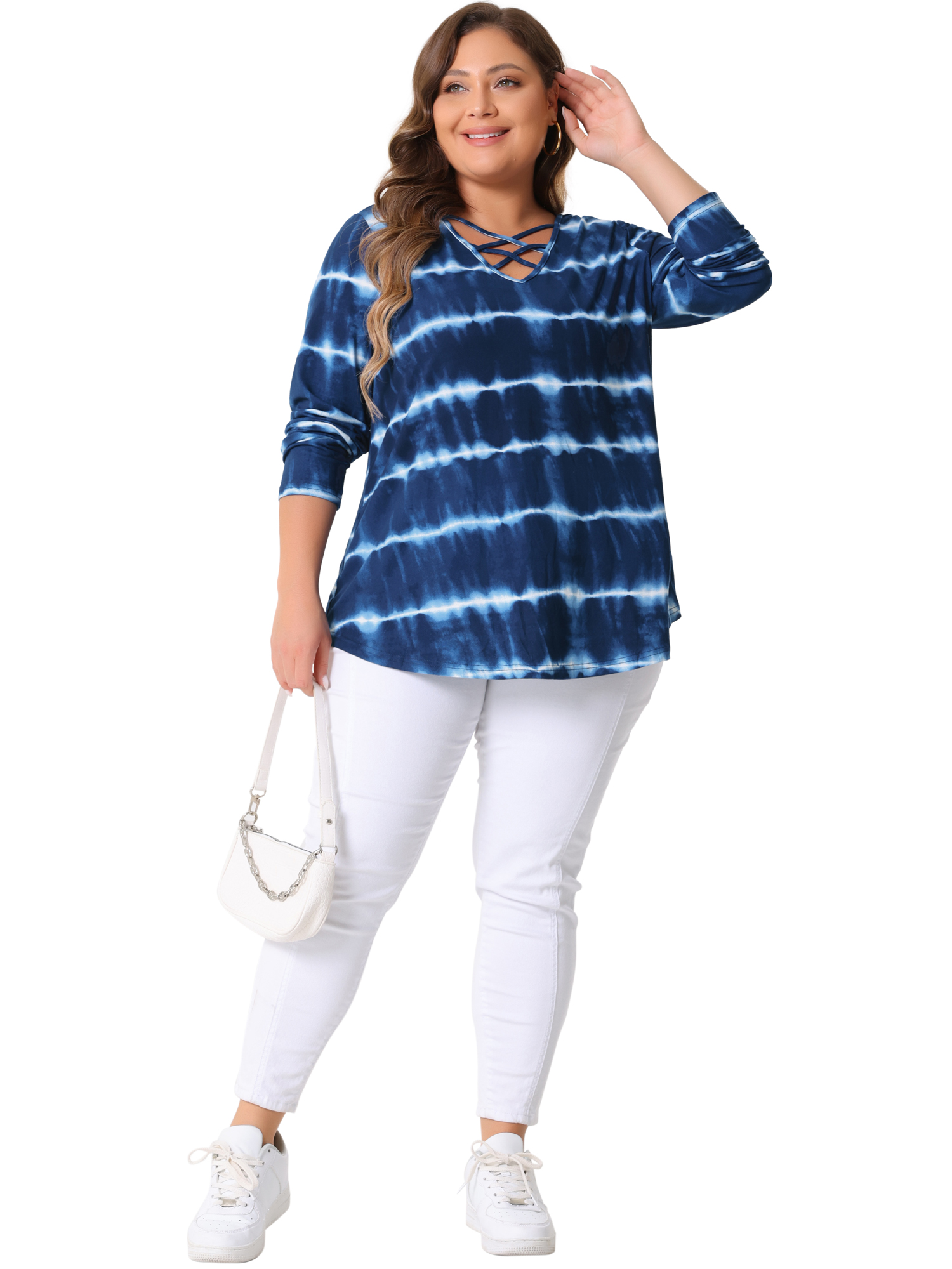DARING DIVA Women's Plus Criss Cross V Neck Tie Dye Blouse 4X Blue