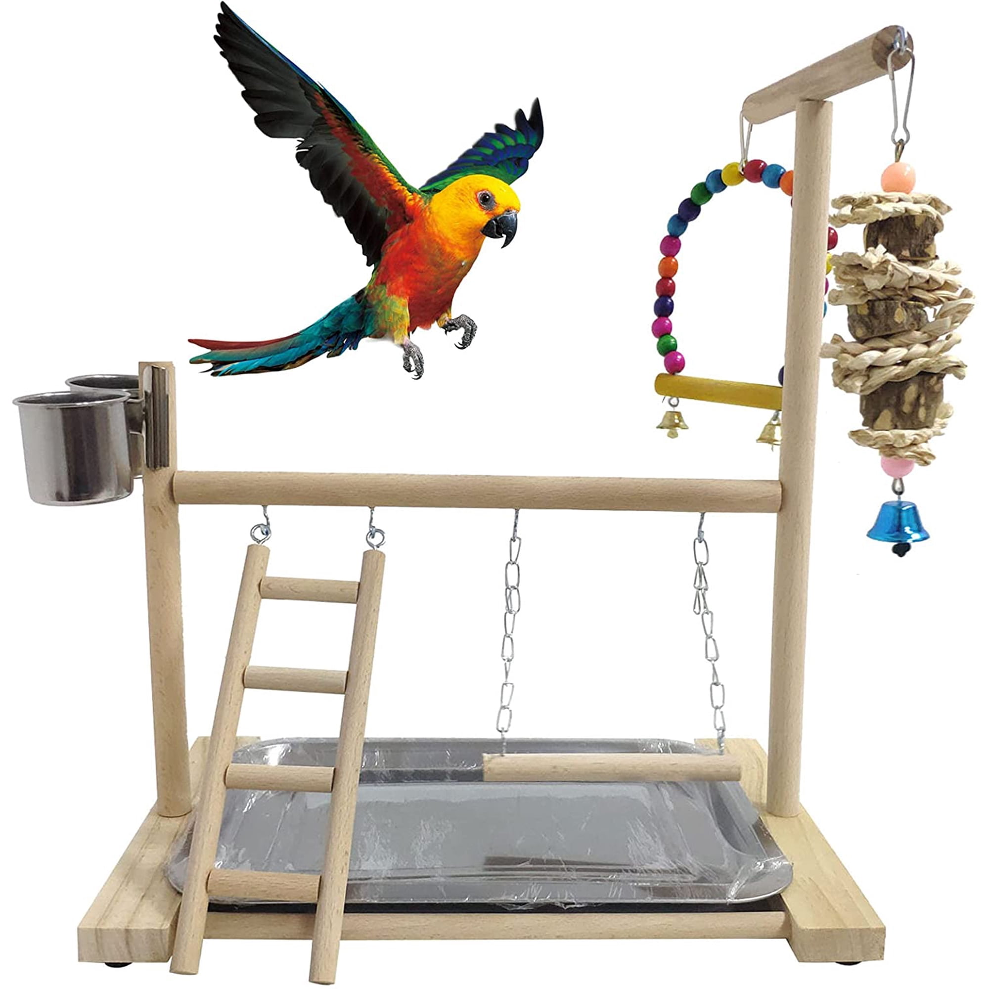 Bird Playground Parrots Play Stand Natural Wooden Parrot Perch Gym Playpen Pet Parakeet Ladders with Feeder Cups for Cockatoo Conure Cockatiel Cage Accessories Exercise Toy (Include a Tray)