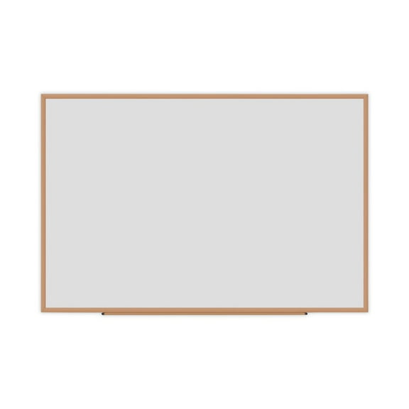 Universal Dry-Erase Board, Melamine, 72 x 48, White, Oak-Finished Frame
