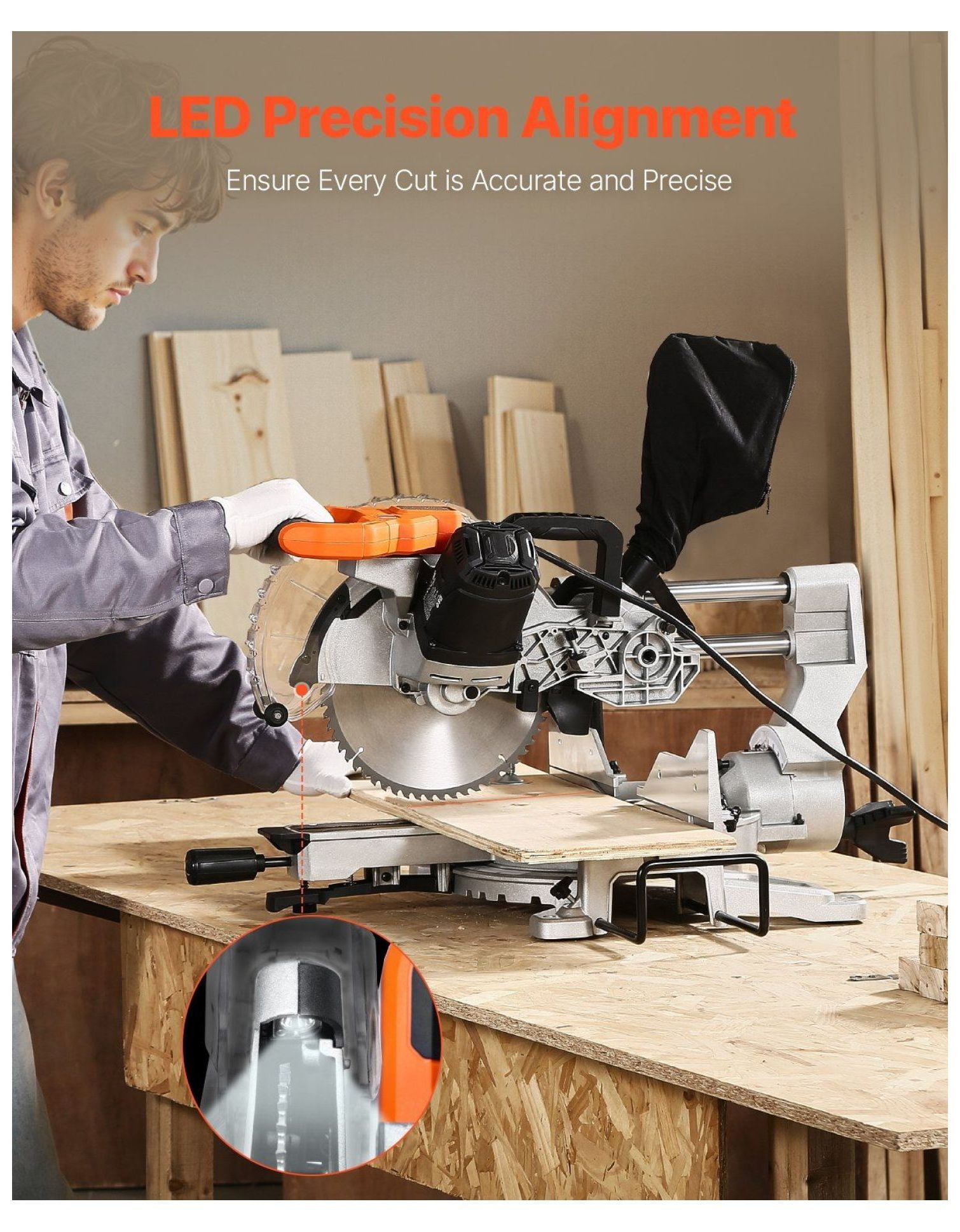 Sliding Compound Miter Saw 10-Inch - 15 Amp Double Bevel 60-Tooth Corded - Wood Cutting Saw for DIY Projects & Woodworking
