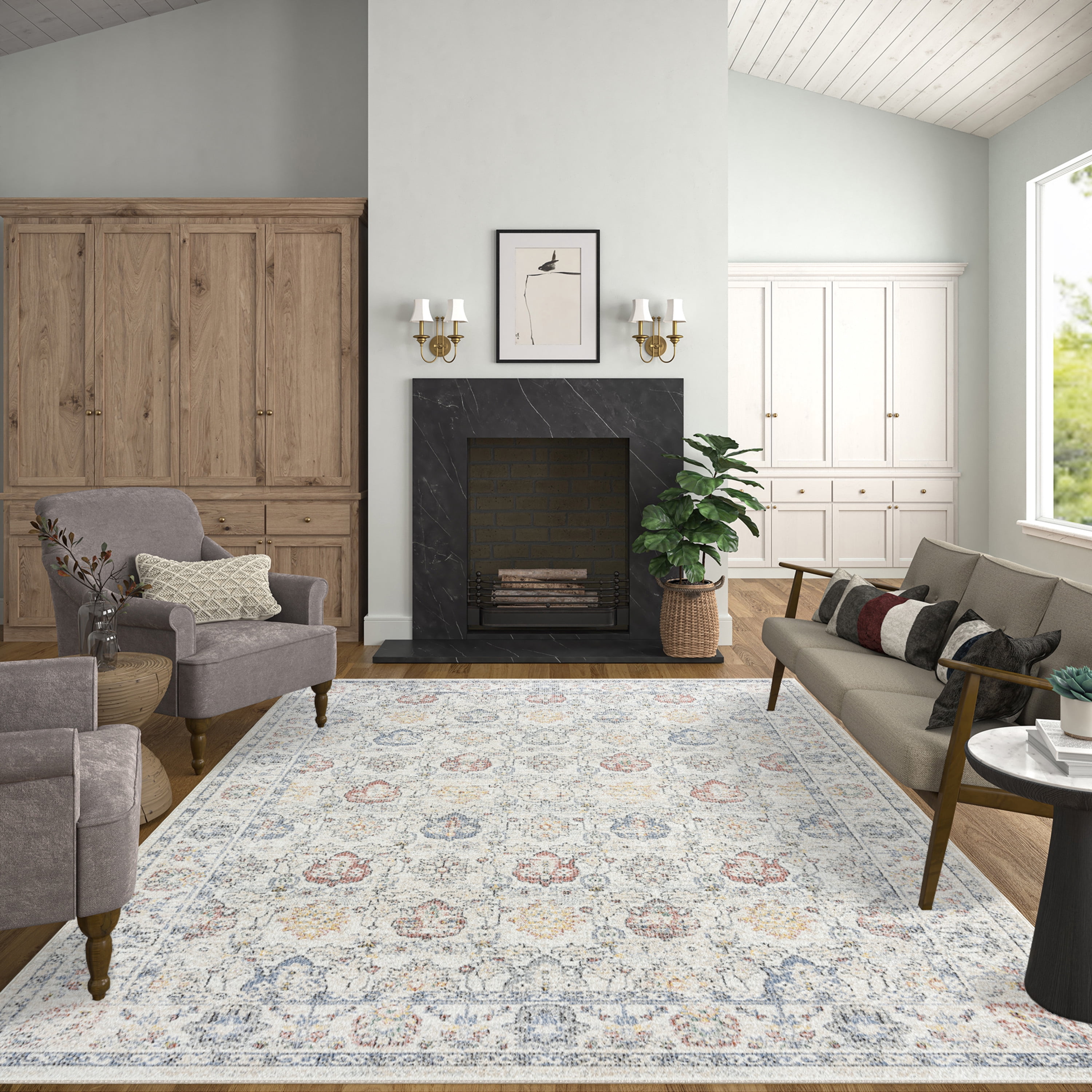Addison Traditional 5' x 7' Cream and Blue Polypropylene Indoor Area Rug