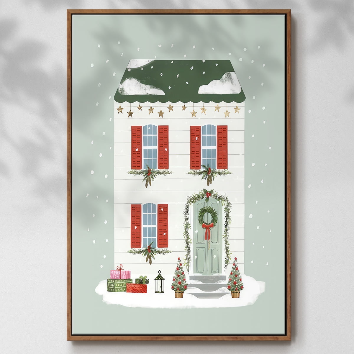 Festive Front Door IV - Framed Gallery Wrapped Holiday Canvas - 25 x 37 - Rosewood Frame