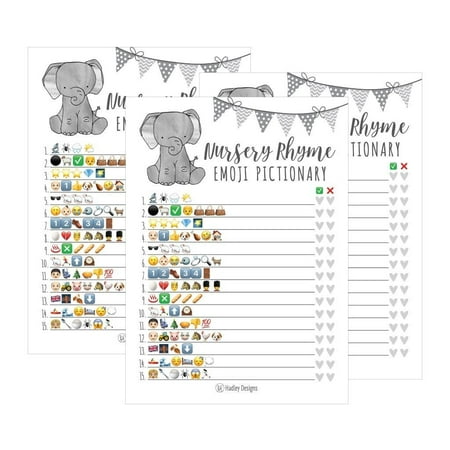 25 Elephant Emoji Nursery Rhyme Baby Shower Game Party Ideas For Pictionary Quiz, Boys Girls Kids Men Women and Couples, Cute Classic Bundle Pack Set Gray Gender Neutral Unisex Fun Coed Guessing Card